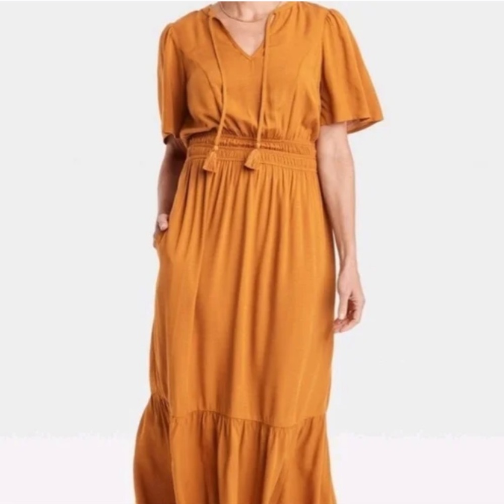 AX Knox Rose Mustard Tiered Maxi Dress with Tie Neck Womens Size XXL